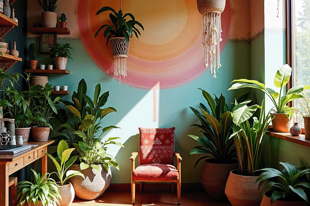 A room with painted wall depicting a sun pattern. There are many potted plants throughout the room, some dangling overhead. There is a sole chair with red cushions in the center