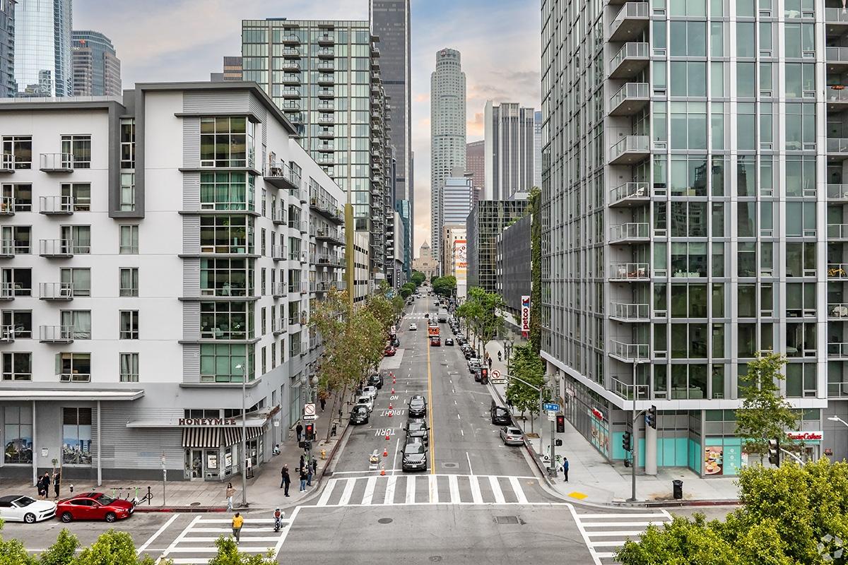 Apartments and condos rise above streets in Los Angeles.