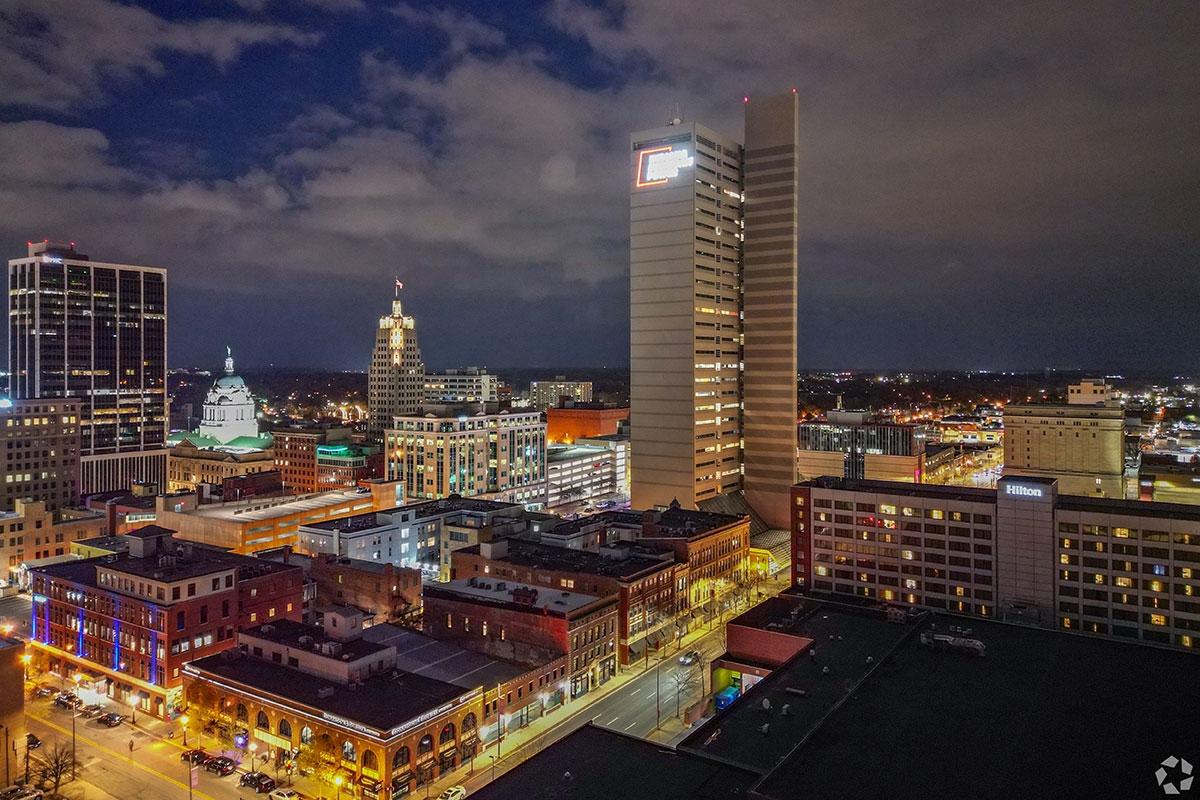 Downtown Fort Wayne lights the skyline at night.