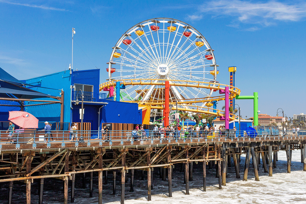Santa Monia Boardwalk with a focus on the ferris wheel