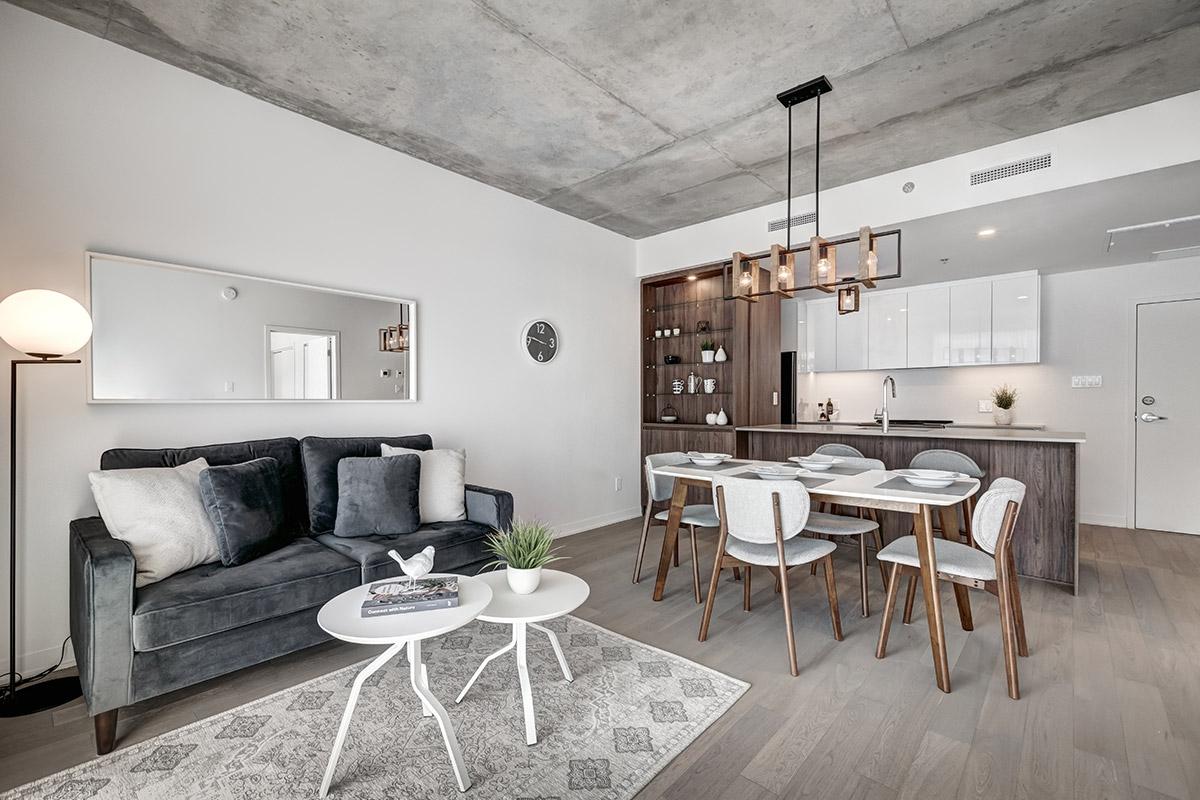 Apartment with furniture that fits the space.