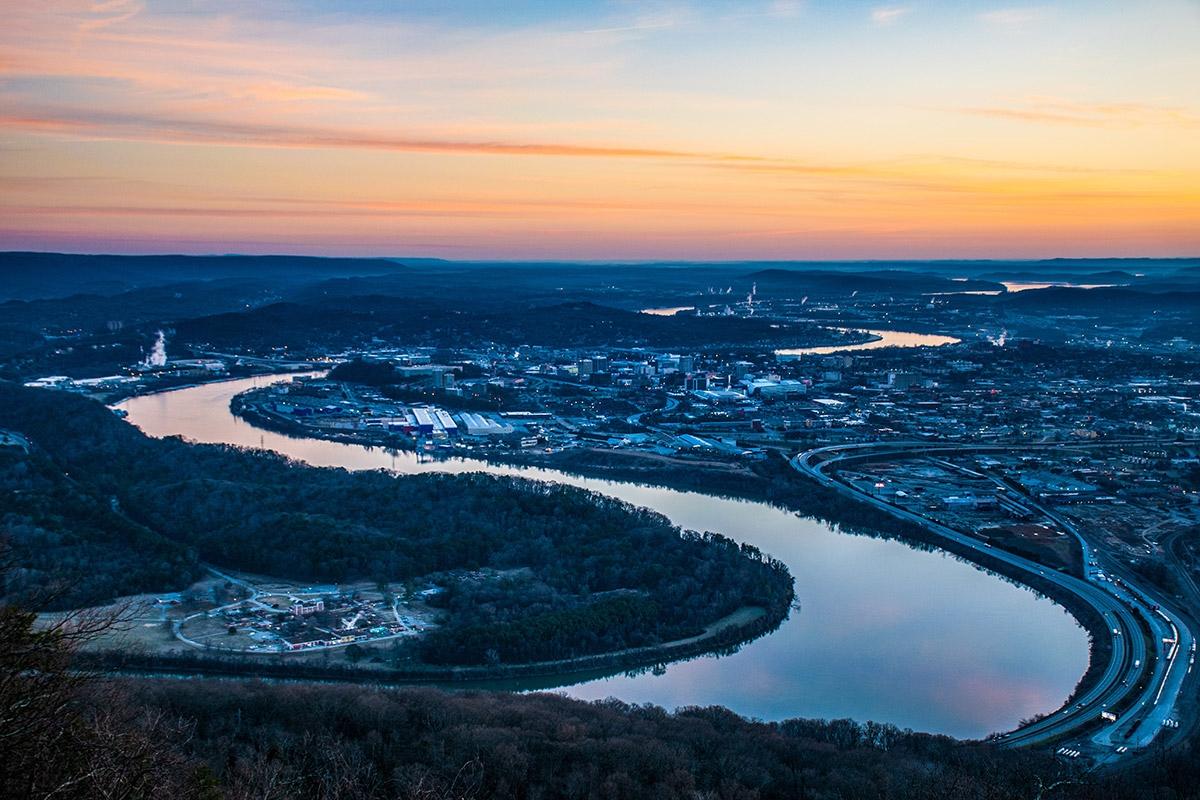 The river curves around Chattanooga as the sun sets.