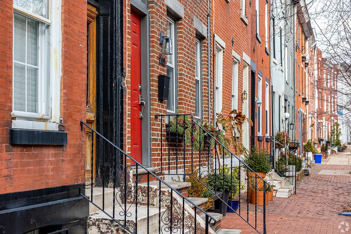Brick row houses in the Fairmount-Art Museum neighborhood of Philadelphia.