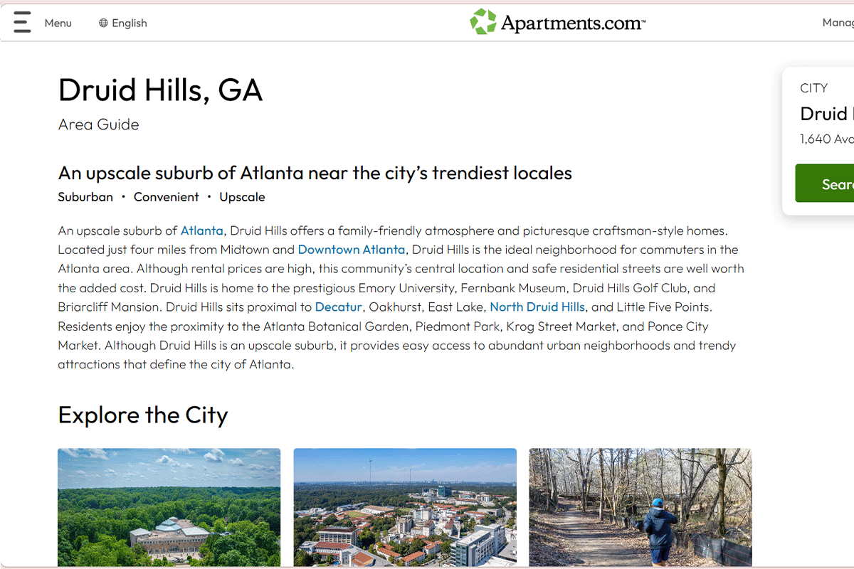 Apartments.com Neighborhood Guide Example - Druid Hills, Atlanta GA