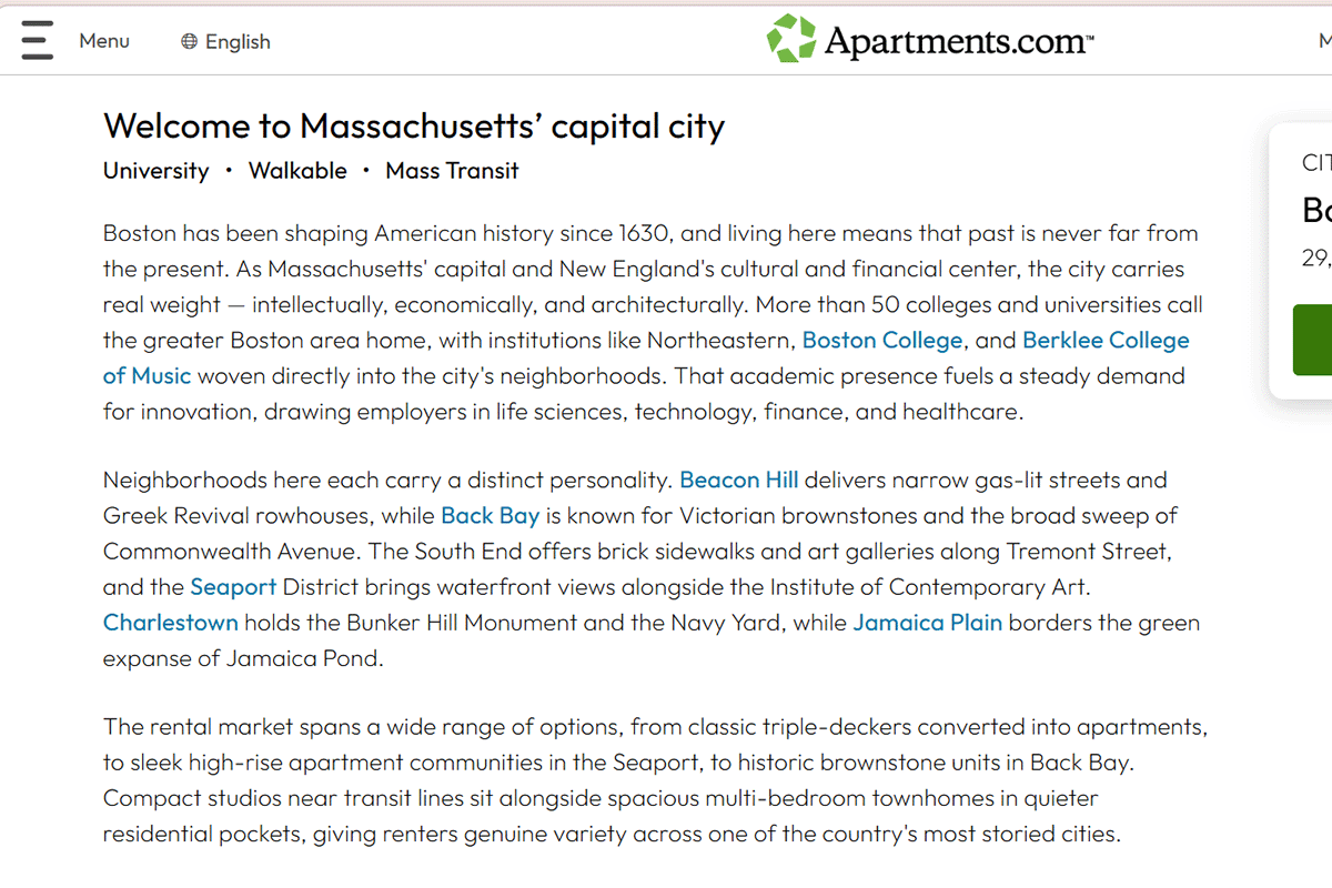 Apartments.com area guide Boston overview