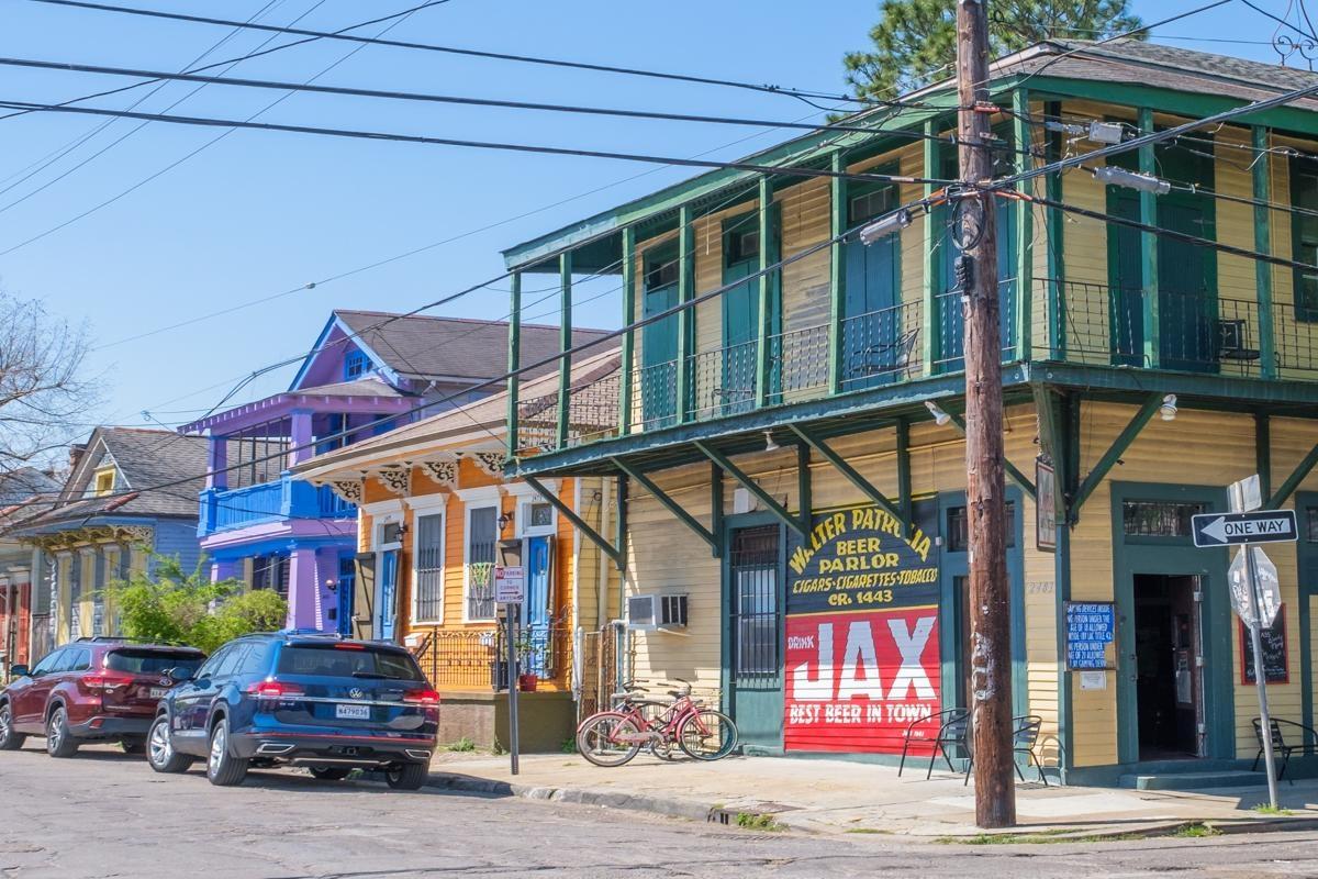 A street of colorful homes in the Bywater neighborhood of New Orleans