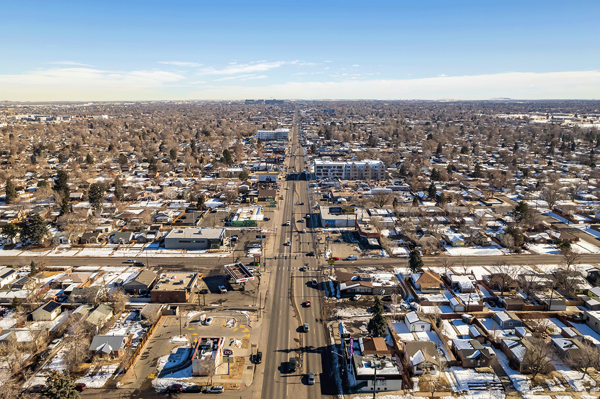 An aerial view of Colfax looking East towards Aurora.