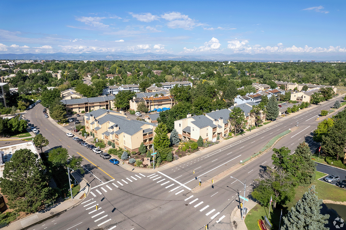 An aerial view of apartment communities in Hampden.