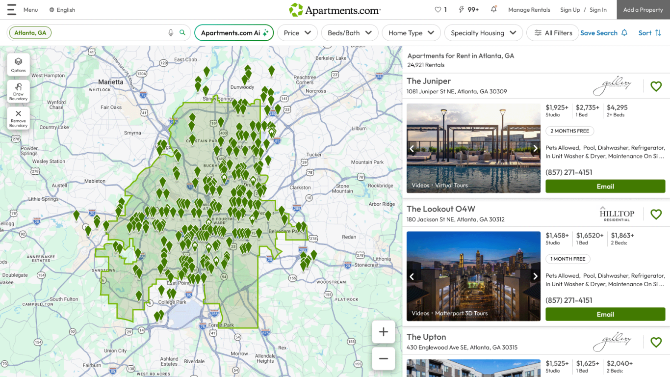 A screenshot of the search results page for Atlanta, GA, shows the Apartments.com Ai button next to the search bar.