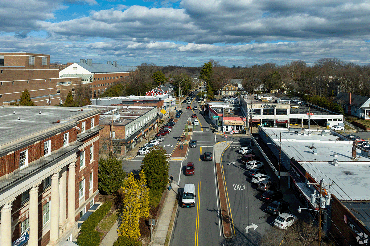 An aerial view of Tate Street in Greensboro, NC.