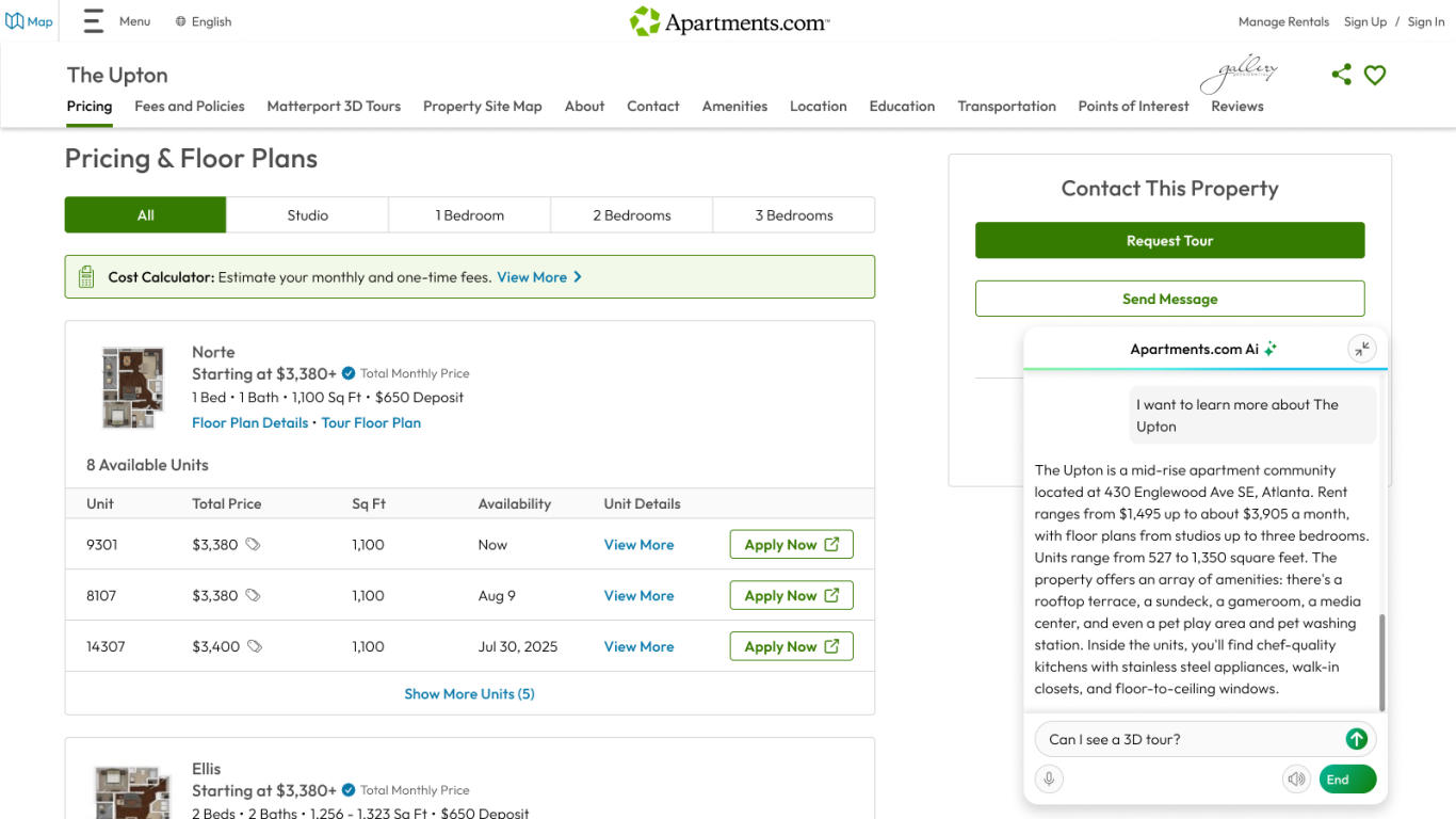 A screenshot of a listing page shows Apartments.com Ai activated, summarizing information about the property.