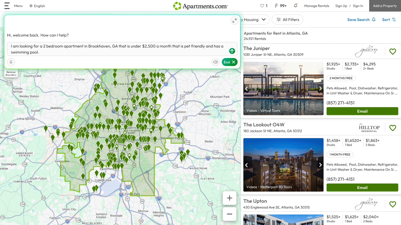 A screenshot of the search results page for Atlanta, GA, shows Apartments.com Ai activated with a natural language search typed in.