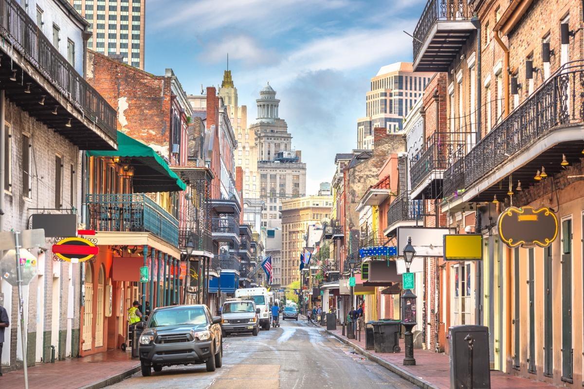 A main street of colorful venues in the French Quarter