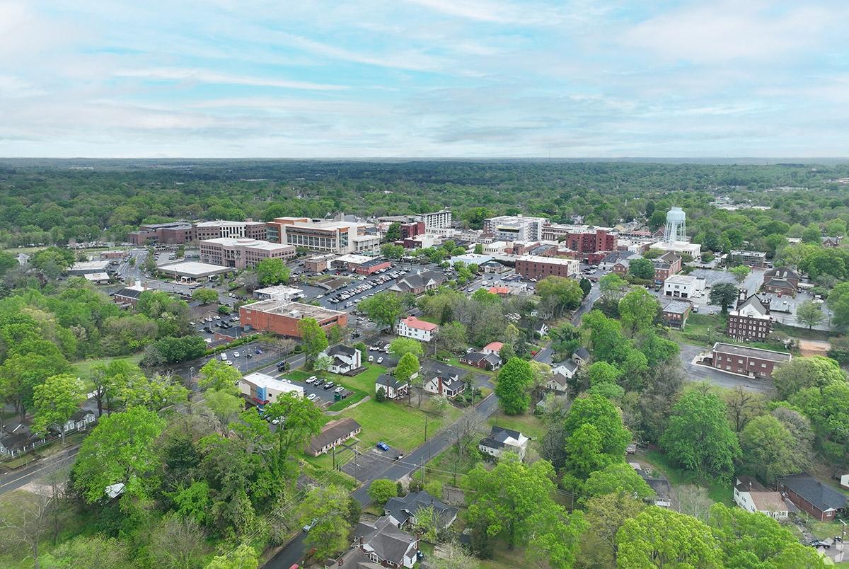Concord has a small-town downtown with a few mid-rise buildings with space between them.