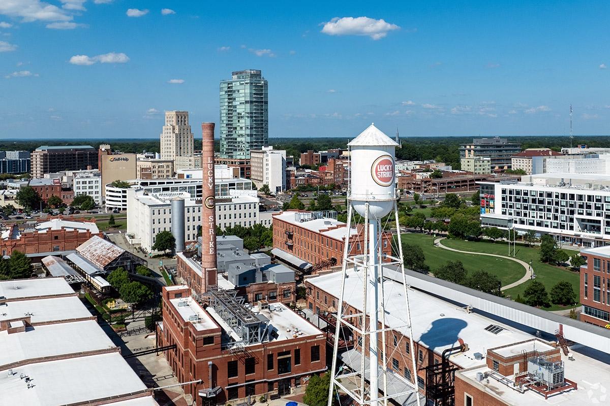 Durham has a bustling downtown filled with buildings.