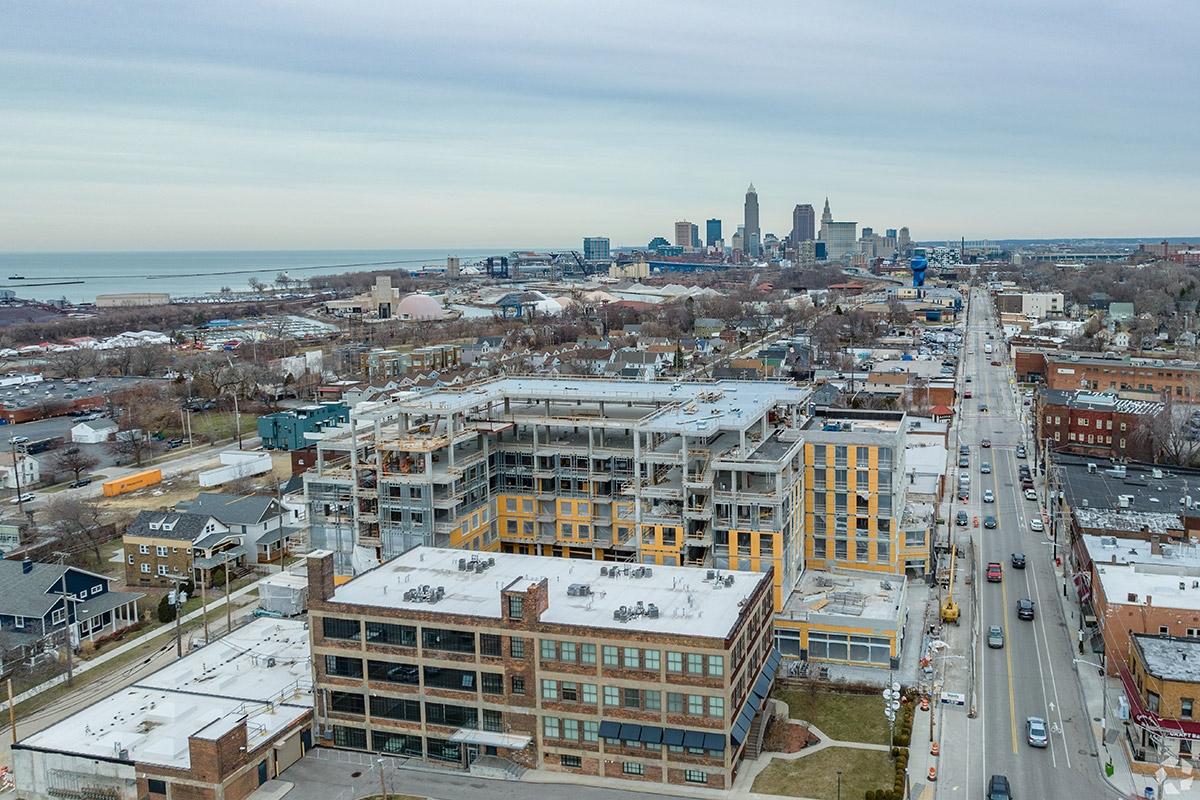 Edgewater is a growing neighborhood with new apartment communities where you can see downtown in the distance.
