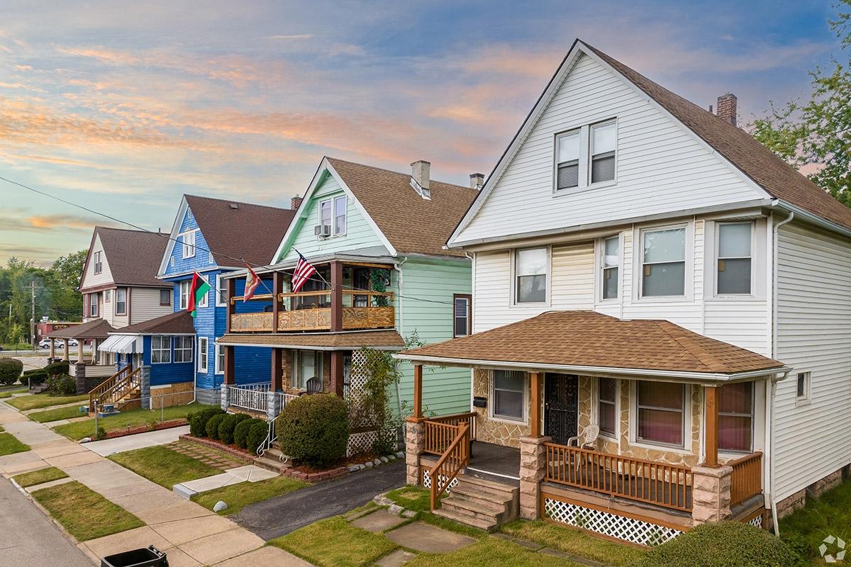 Houses line streets in Glenville, a neighborhood in Cleveland, OH.