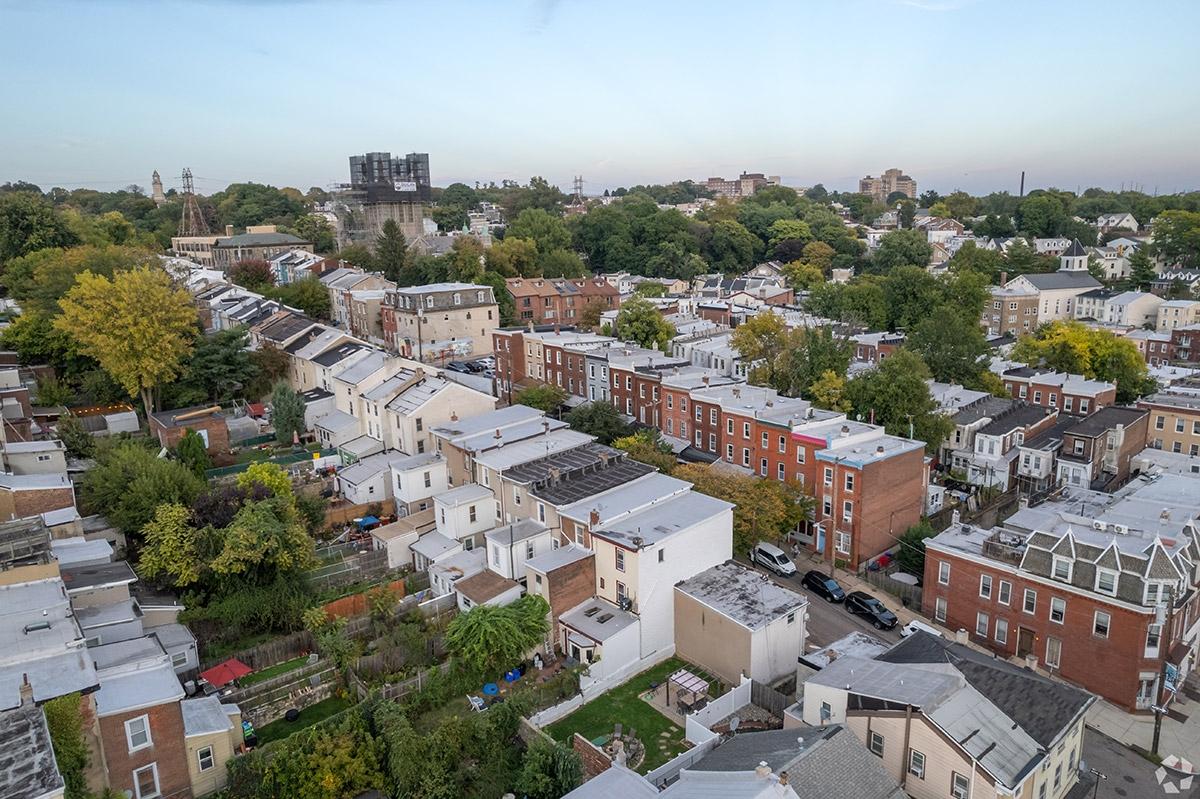 Row houses line streets in Philadelphia near campuses and are a common housing option for students.