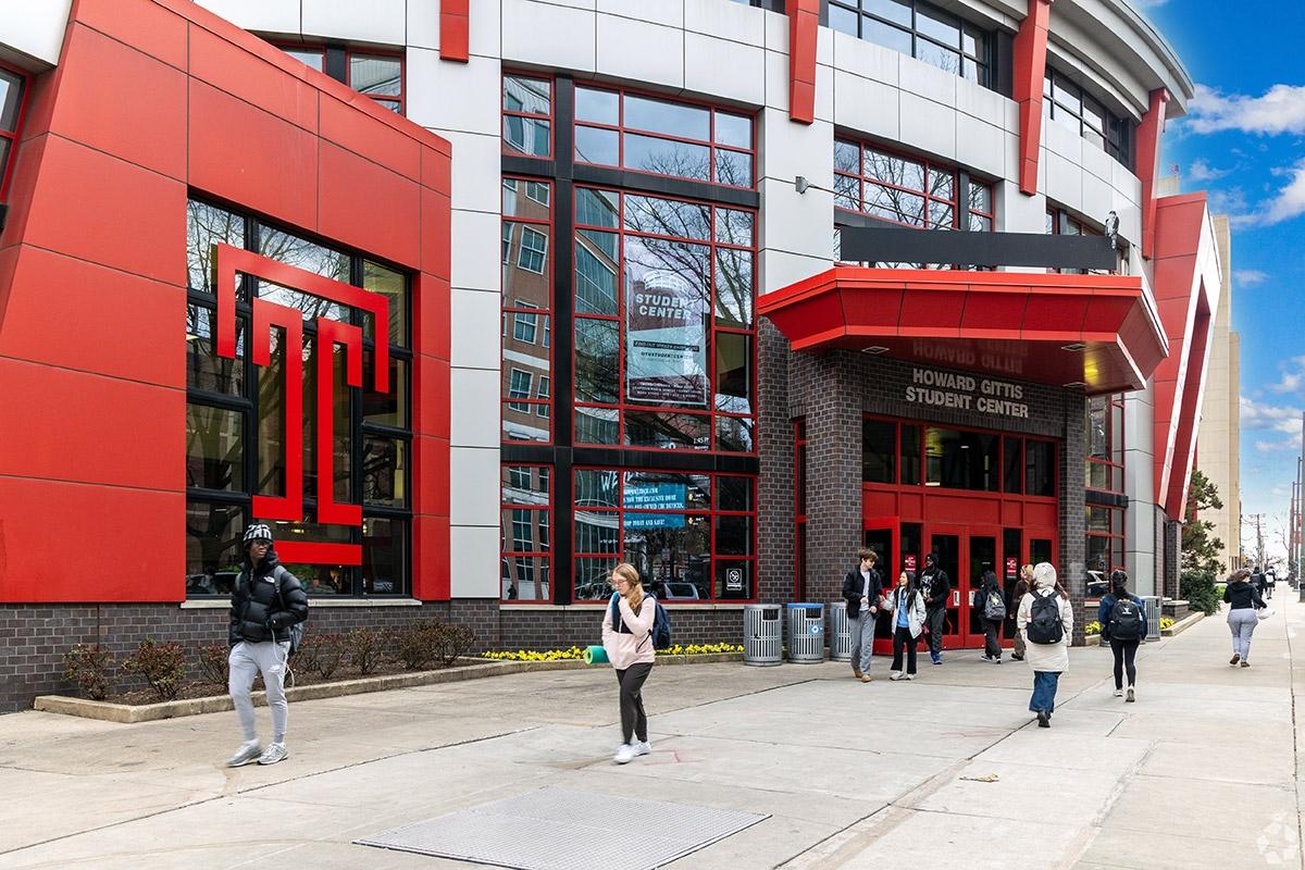 Students strolling by the student center of Temple University.