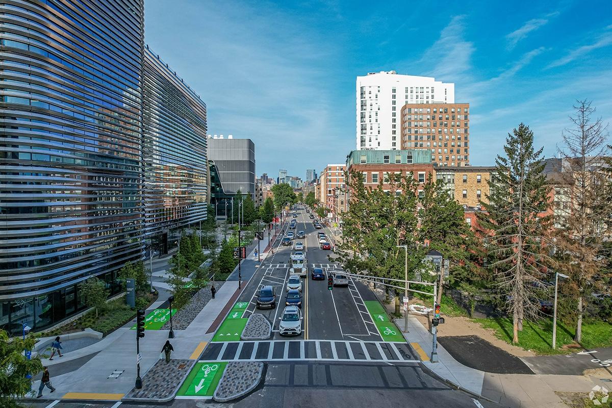 A view of Columbus Avenue in Roxbury with Northeastern University on the left.
