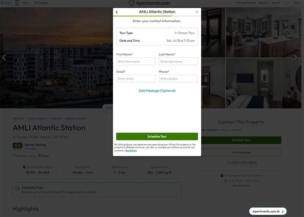 Photo of the personal information needed when scheduling a tour on Apartments.com.
