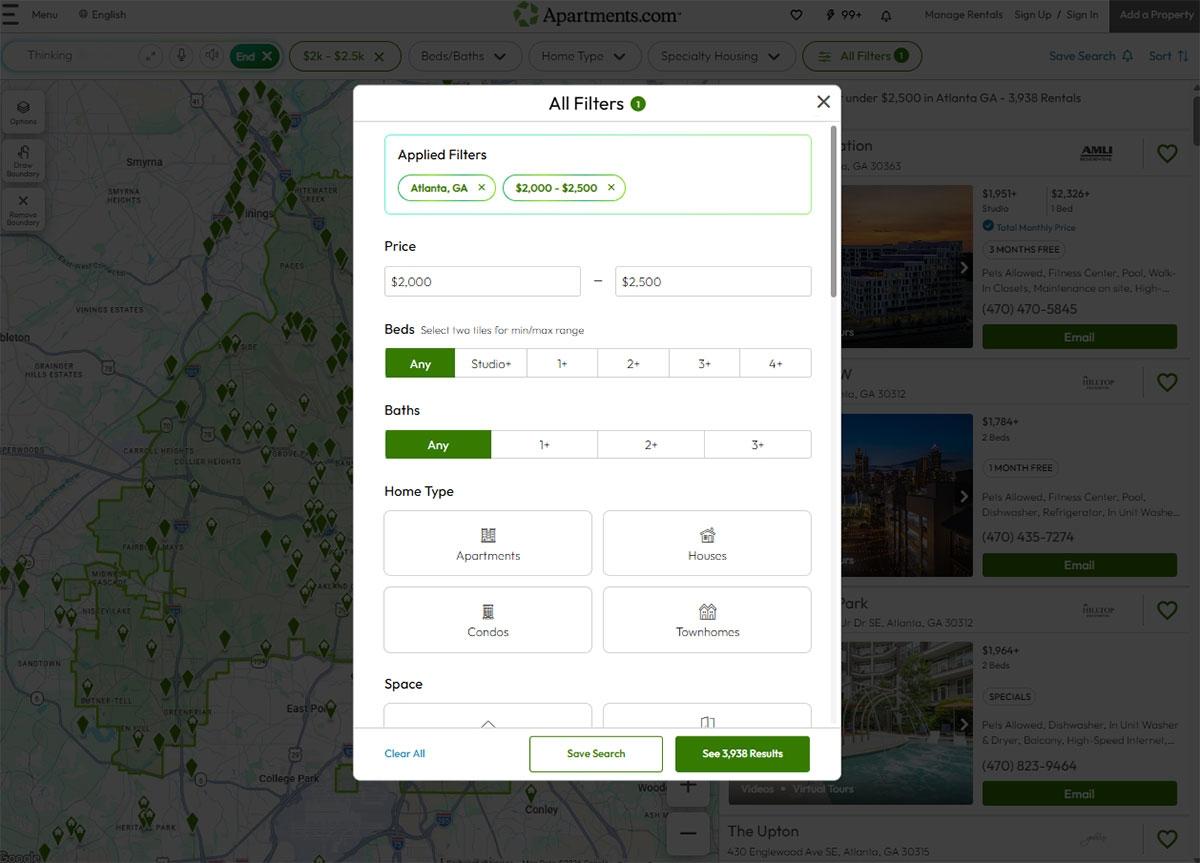 Photo of the ability to filter apartments by minimum and maximum price on Apartments.com.
