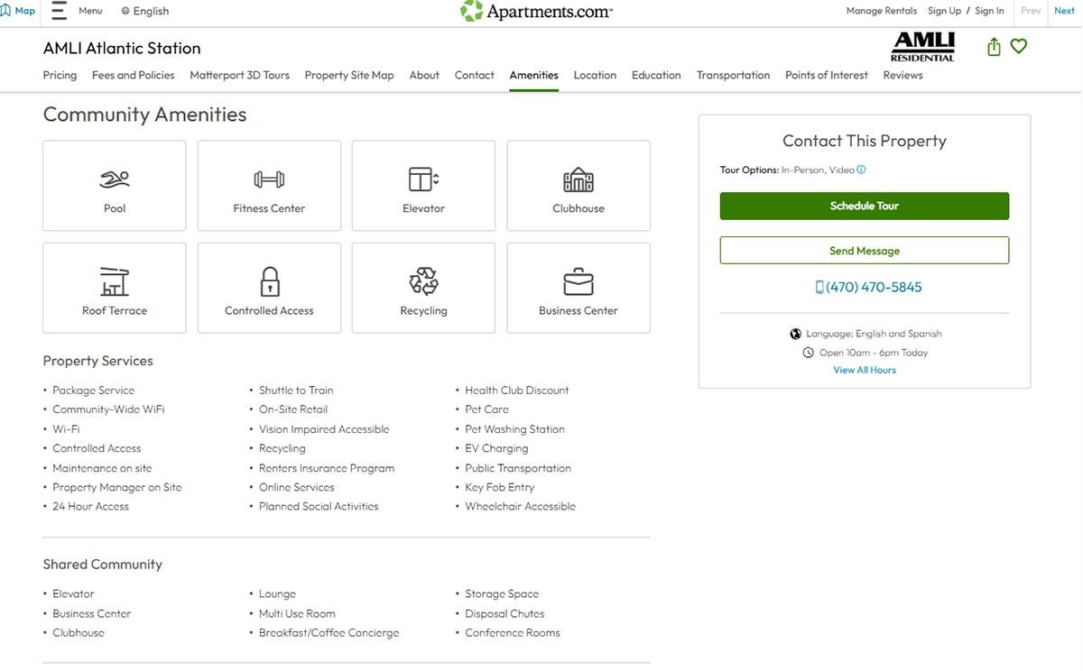 Photo of the extended list of amenities on a property listing on Apartments.com.
