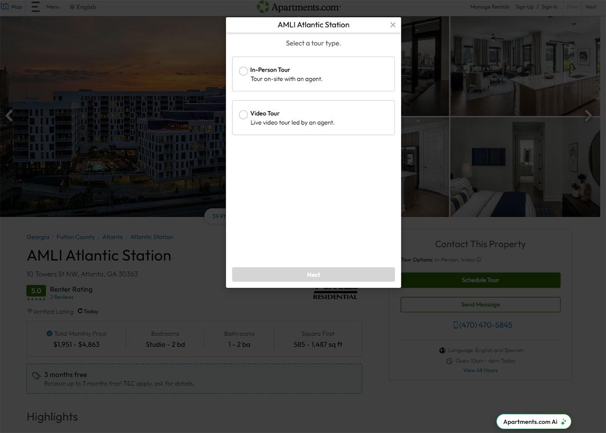 Photo of choosing a preferred tour type on a property listing page on Apartments.com.