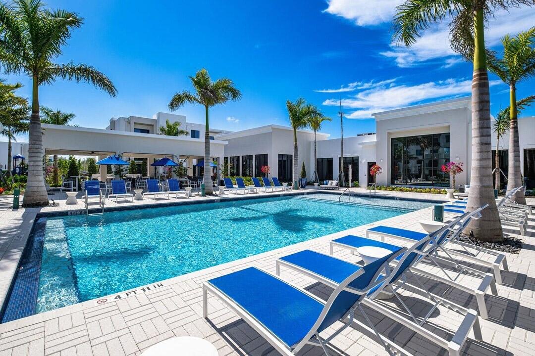 Resort-style pool surrounded by lounge chairs and palm trees in a luxury apartment community.