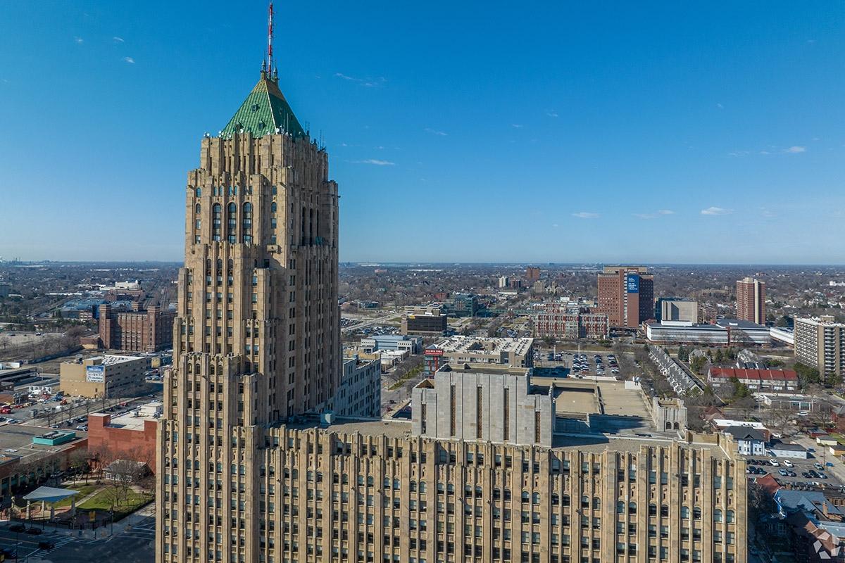 Iconic architecture rises above the lower buildings in New Center.