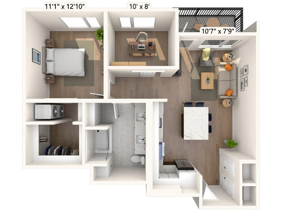The floor plan of a primary and flex style apartment.