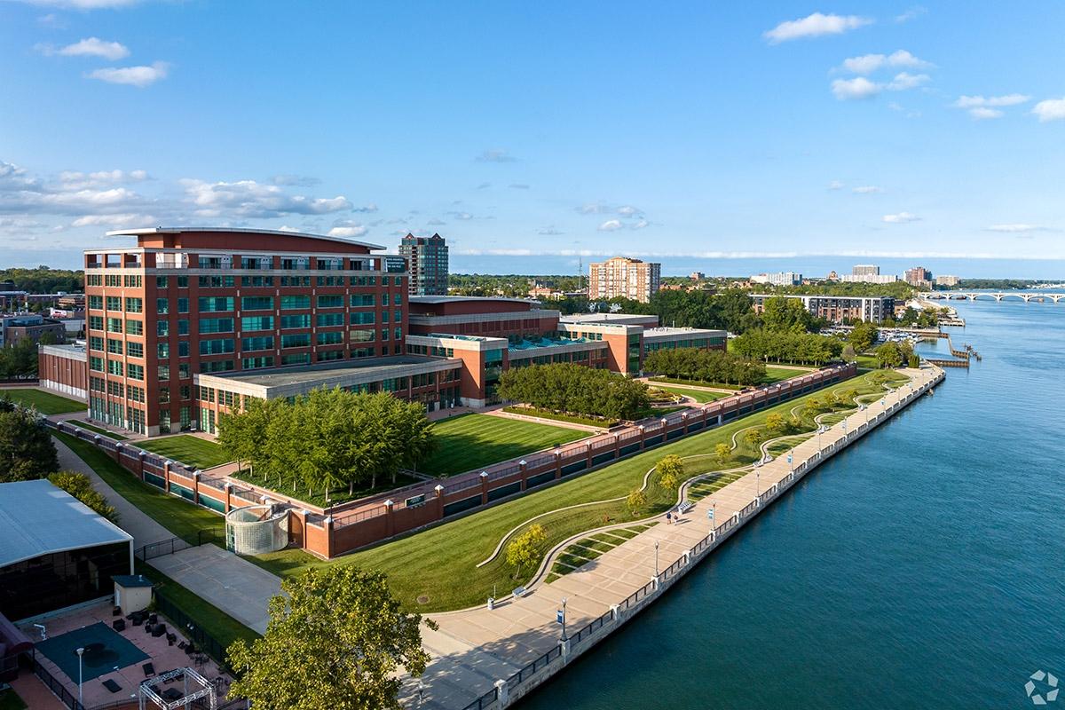 Apartment communities and green spaces lie right along the water in Rivertown.