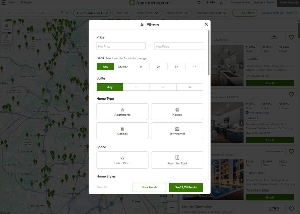 A photo of the Apartments.com bedroom and bathroom filters section.