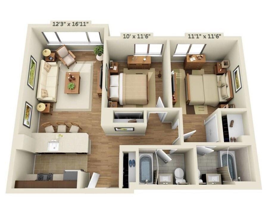 The floor plan of an apartment with side-by-side bedrooms.