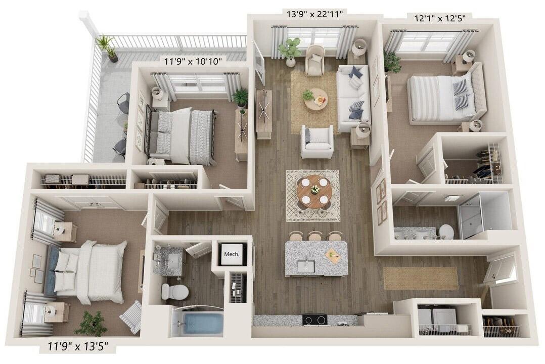 The floor plan of an apartment with three bedrooms.