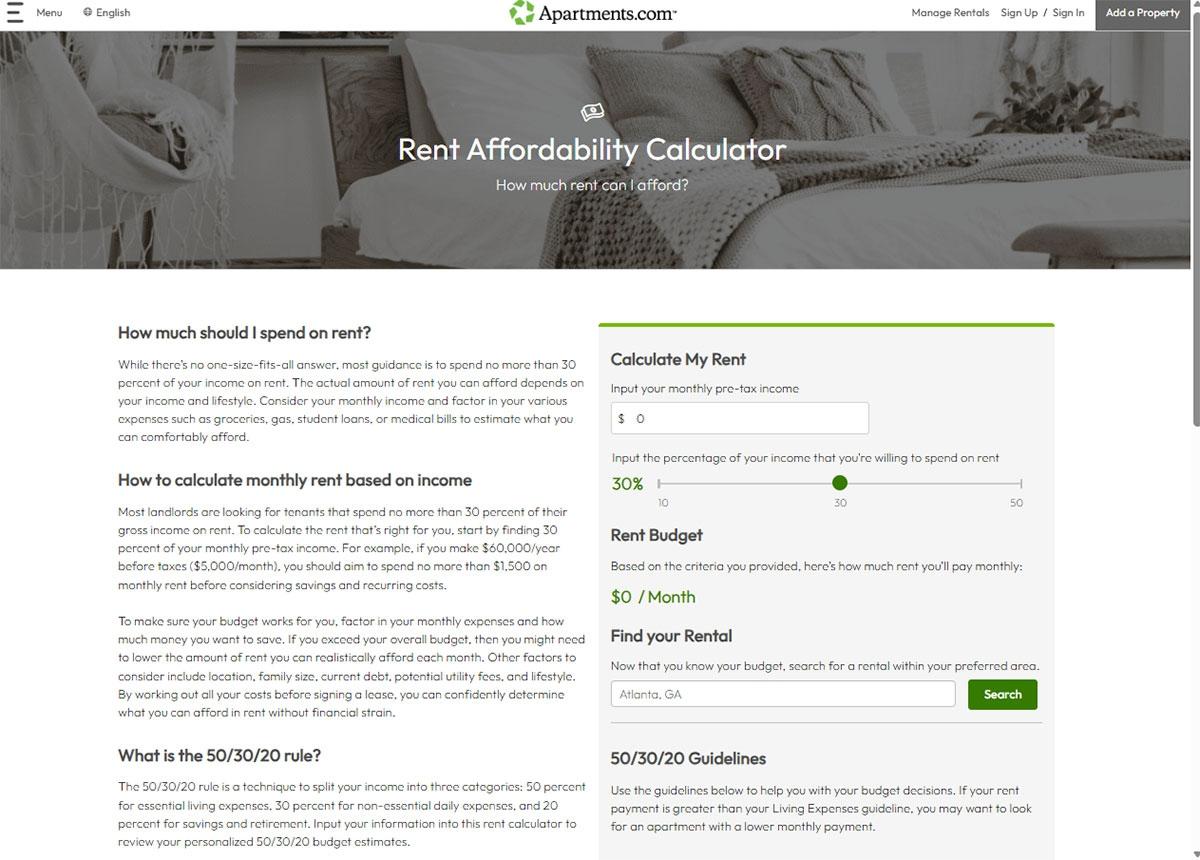 Photo of Apartments.com's Rental Affordability Calculator page.