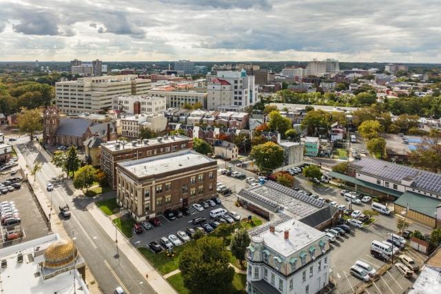 An aerial view of the downtown area in Trenton, New Jersey's capital city.