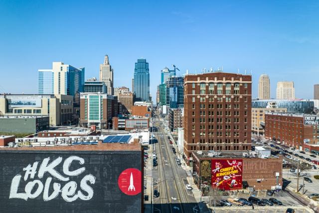 A view of the Downtown Kansas City skyline shows the Power & Light District in the foreground.