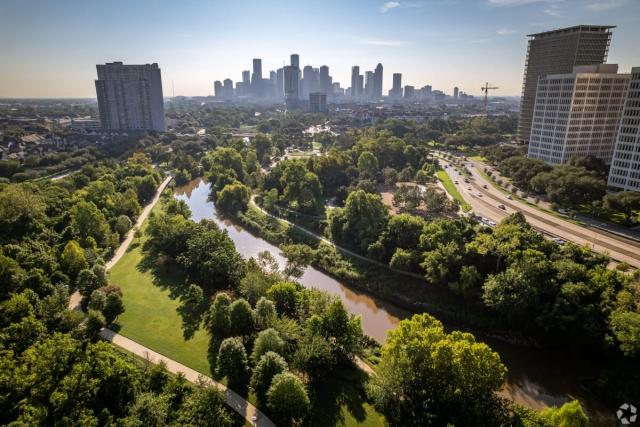A view of the Houston skyline from Buffalo Bayou Park.