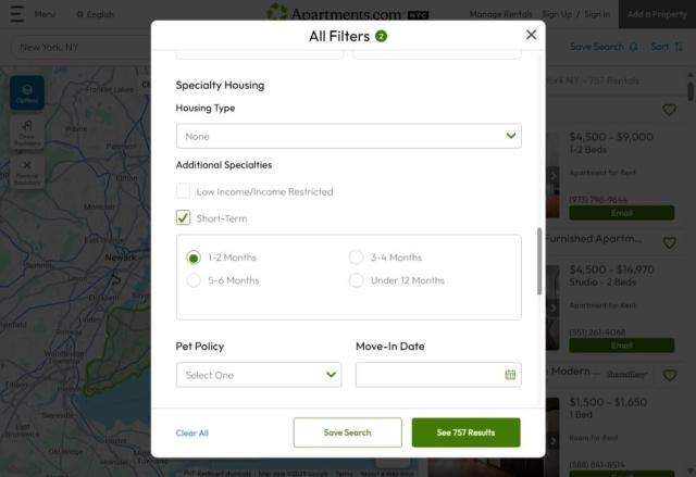 The filters popup on Apartments.com narrows a New York City search to short-term rentals. 