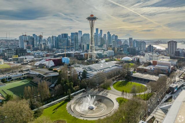 An aerial view of the Space Needle from Lower Queen Anne.