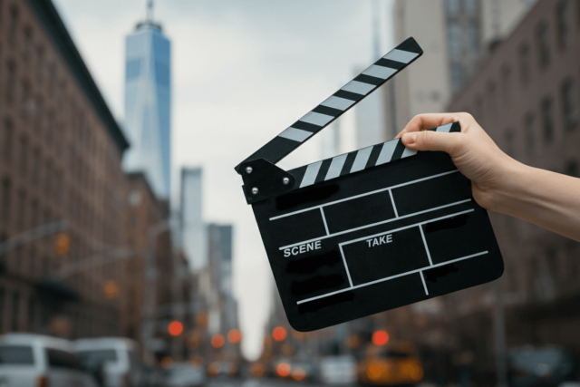 Person holds a film clapperboard in front of Manhattan skyline.