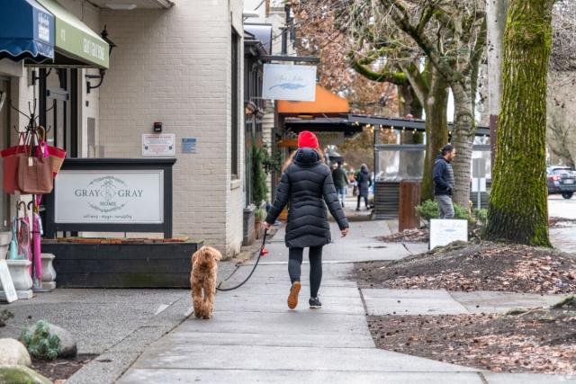 Woman walking her dog down a street in Seattle.