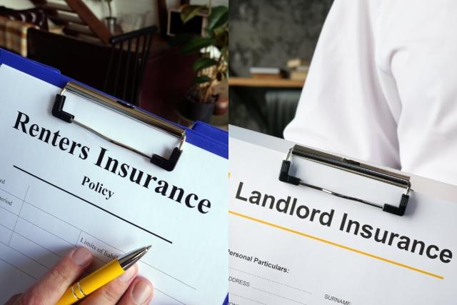 Side by side clipboard with renters insurance and landlord insurance.