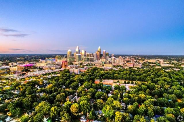 Skyline and overhead view of the city of Charlotte.