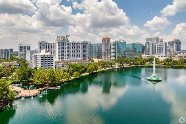 The Downtown Orlando skyline over Lake Eola.
