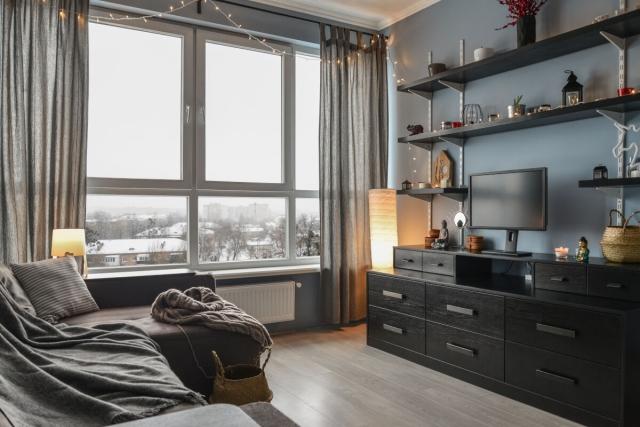 Cozy apartment living room during window.