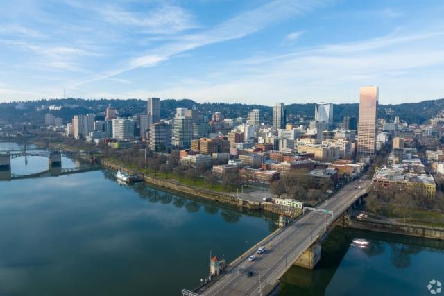 The Willamette River, riverfront park, and Downtown Portland.
