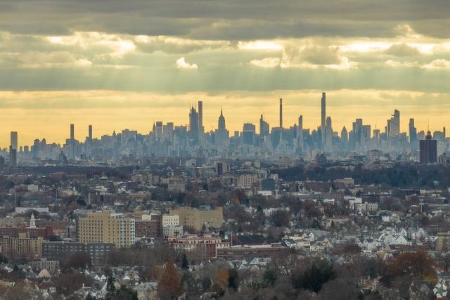 A skyline view of Manhattan at sunset from Bronxville, about 15 miles north.