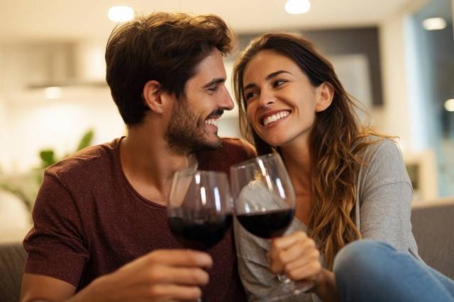Couple enjoys a glass of wine on their couch.